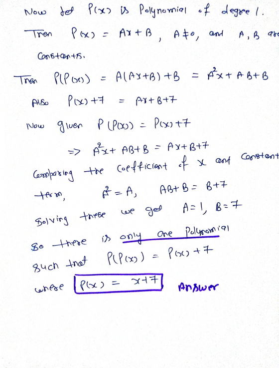 Now del Pixo is Polynomial of degree I Trien Pixo = AX+B A to, and AB are Constants. Then P(P6) • Axt + AB+B - ALAY+B) +B Als