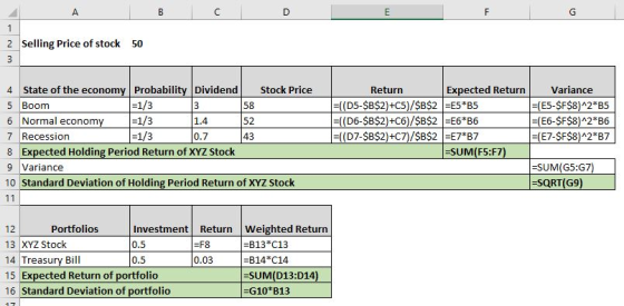 B c. D E F G A 1 2 Selling Price of stock 50 3 58 43 4 State of the economy Probability Dividend Stock Price 5 Boom =1/3 3 6
