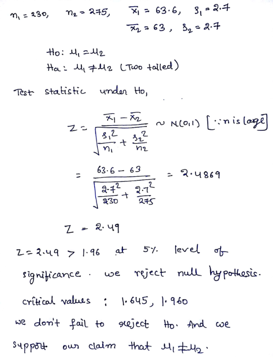 Ha· 44チ LTuoo talled) Test statistic ndon Ho, Mi 63.6-63 - 2.486 2. 2.49 > 1.96 ar 57. level ve dont fail to eject »4ppot oun