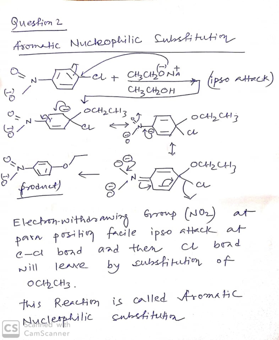 Question 2 Aromatic Nucleophilic substitution an a l+ CH₃Chonta - CH₂ CH₂OH ipso attack) attack OCH₂CH3 ocH₂Hz ON SEXA Xa & p