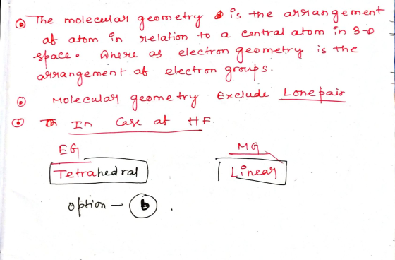 The molecular geometry is the arrangement at atom in space. geometry arrangement Molecular geometry Exclude Lone pair HF rela
