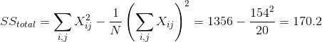 SS_{total} = \sum_{i,j} X_{ij}^2 - \frac{1}{N} \left(\sum_{i,j} X_{ij}\right)^2 = 1356 - \frac{ 154^2}{ 20} = 170.2