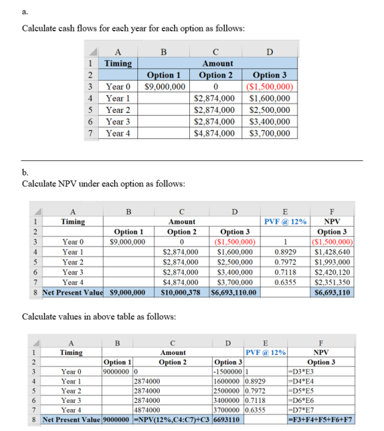 Calculate cash flows for each year for each option as follows: в D А Timing 1 Option 1 $9,000,000 3 4 5 6 7 Year 0 Year 1 Yea