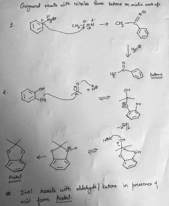 Grignard reacts with Nitriles form ketone on acidic work up. S+ Mg Br d- y. CH3-CEN cronomeno HE ketone ОИ 2 + HO OH on on -4