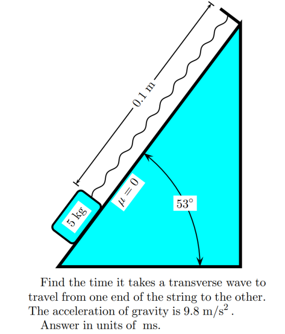– 0.1 m - mi 5 kg 0 = 1 53° Find the time it takes a transverse wave to travel from one end of the string to the other. The a