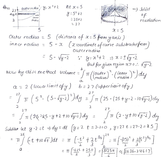 Ans 27 outerra dins y=2(?+2 dy tema innu 2 radius Atx=5 y=52+2 2572 27 - Solid of reuoluhon 5 x = 5 outerradius b Outer radiu