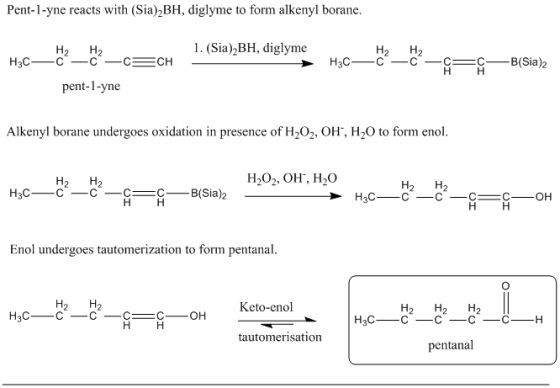 Pent-1-yne reacts with (Sia)2BH, diglyme to form alkenyl borane 1. (Sia)^BH, diglyme pent-1-yne Alkenyl borane undergoes oxid