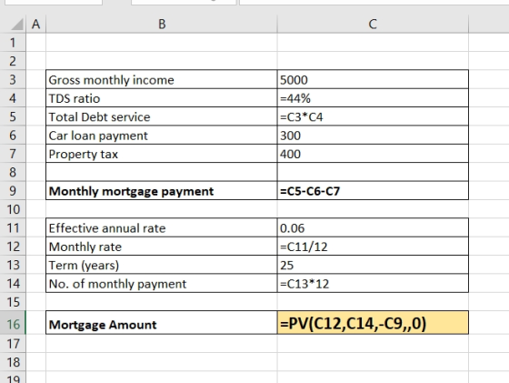 A В C 1 2 Gross monthly income TDS ratio Total Debt service Car loan payment Property tax 5000 44% 4 ЕС3*С4 6 300 7 400 8 Mon