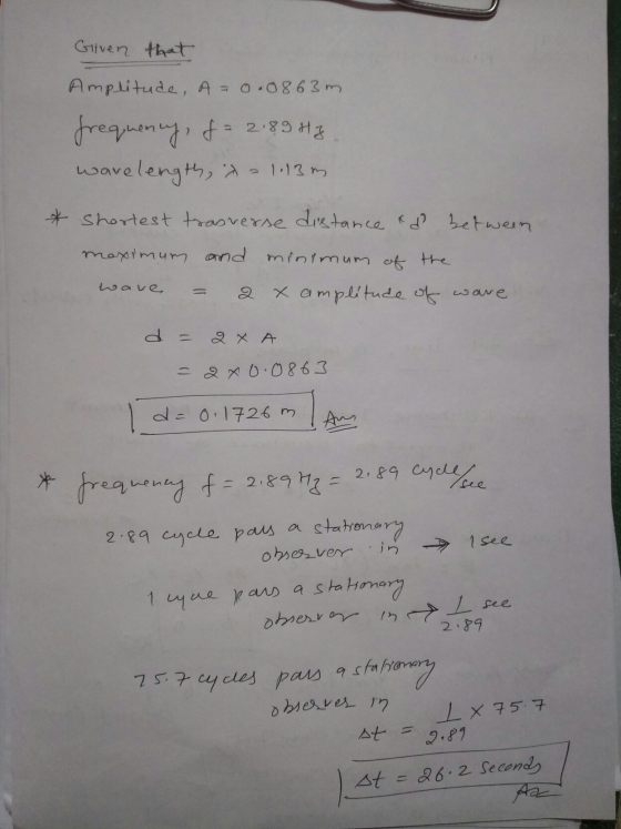 Given that Amplitude, A=0.0863m frequency, f = 2.89 Hz wavelength, is = 113m * Shortest trasverse distance &ľ between maximum
