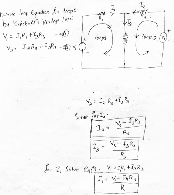 Iz 1 *m em R, Write loop equation for loopt by Krøchotts Voltage law V, = I, R; +13R3 LI ヤ - g 0 loopi loop (V2 Iz Ra + I 3R