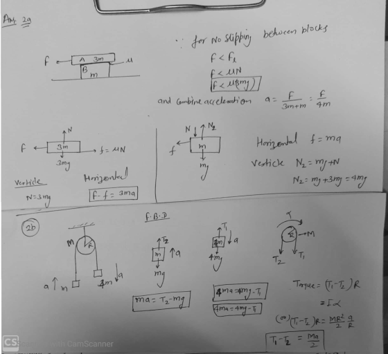 AM 29 : for no slipping behween blocks f a 3m M B m f<Fe F< UN F< up my and combine acceleration F. 4m 3m+m N Horizontal fama
