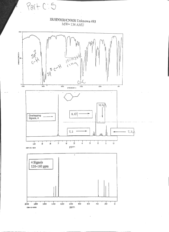 Part C:S IR/HNMR/CNMR Unknown #93 MW=134 AMU / ring SOC-H dromul 5,311 - Overlapping Signals, 4 1,34 HEP-11-24 ppm 4 Signals