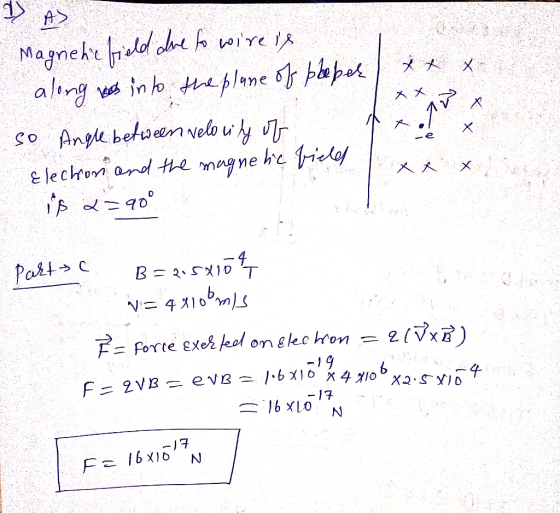 1) A) x x - Magnetic field due to wire is along was into the plane of peeper / *x so Angle between Velocity of tx x - Electio