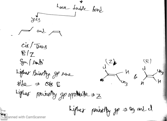 have double bond yes d N and A cis / Trang Elz Syn/ Anti Lighes Paissity gf same side as e . 13 h higher pocionly gp opponesi