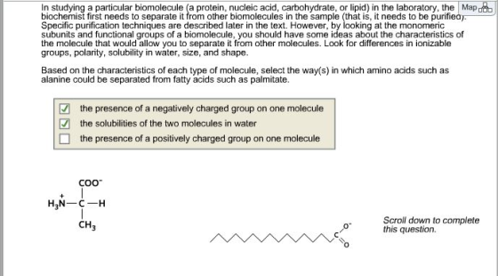In studying a particular biomolecule (a protein, nucleic acid, carbohydrate, or lipid) in the laboratory, theapo biochemist first needs to separate it from other biomolecules in the sample (that is, it needs to be purifiea Specific purification techniques are described later in the text. However, by looking at the monomeric subunits and functional groups of a biomolecule, you should have some ideas about the characteristics of the molecule that would allow you to separate it from other molecules. Look for differences in ionizable groups, polarity, solubility in water, size, and shape. Based on the characteristics of each type of molecule, select the way(s) in which amino acids such as alanine could be separated from fatty acids such as palmitate. the presence of a negatively charged group on one molecule the solubilities of the two molecules in water □ the presence of a positively charged group on one molecule COO H3NH Scroll down to complete this question. 0