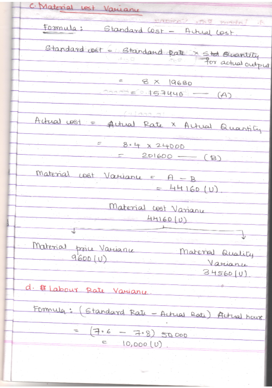 e Material lest Vauianie Fomula: Standard cost - Actual cost. Standard coste Standard Rate x sto Quantity too for actual outp