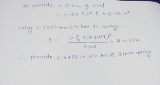 so provide a 0.012 of steel 0.012 X 1X5=0.06 in2 using 0.3937 inch dia bar so spacing: - S = 1x D x(0.3937.)2 == 2.02 in 0.06