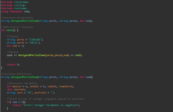 #include <iostream> #include <string> #include <sstream> using namespace std; //Function Declaration string UnsignedPartialsu