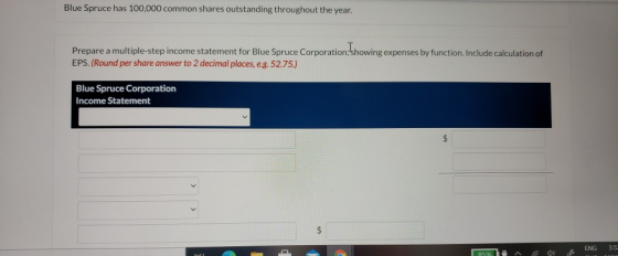 Blue Spruce has 100,000 common shares outstanding throughout the year. Prepare a multiple-step income statement for Blue Spru