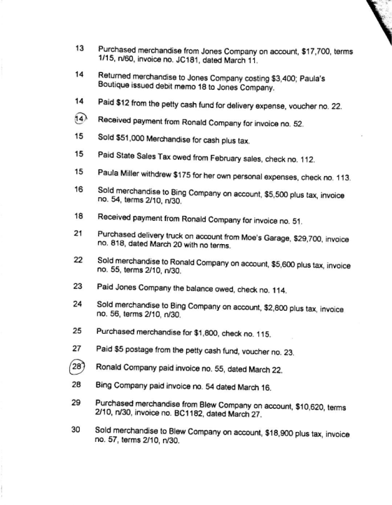 13 Purchased merchandise from Jones Company on account, $17,700, terms 1/15, 1/60, invoice no. JC 181, dated March 11. Return