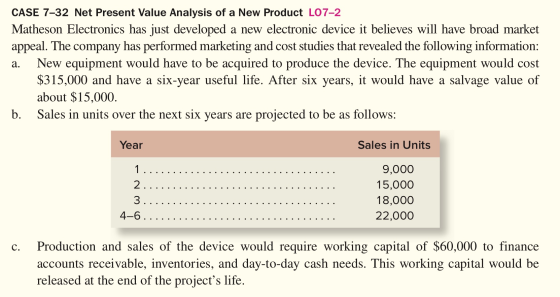 CASE 7-32 Net Present Value Analysis of a New Product L07-2 Matheson Electronics has just developed a new electronic device i