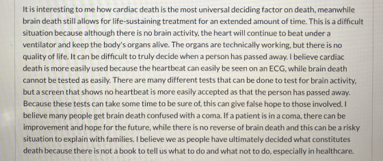 It is interesting to me how cardiac death is the most universal deciding factor on death, meanwhile brain death still allows