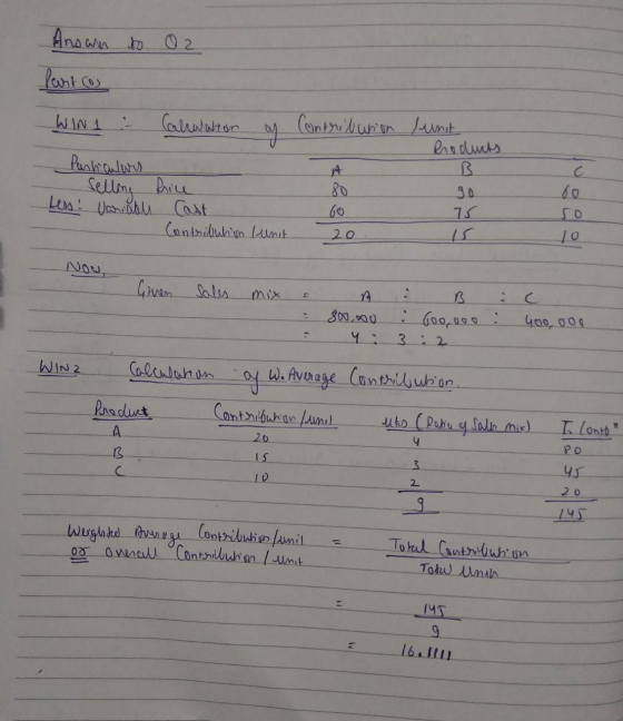 Answn to 02 Past cos WIN1 : Calwaren ay Particulars Selline Rice Less varables Cast Contribution unit Contriburion lumit hodu