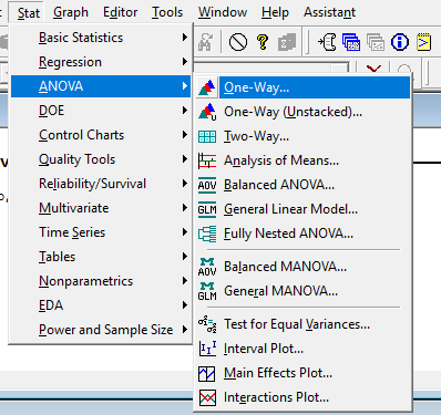 -
Stat Graph Editor Tools Window Help Assistant
Basic Statistics
Regression
ANOVA
One-Way...
DOE
One-Way Unstacked)...
Contro