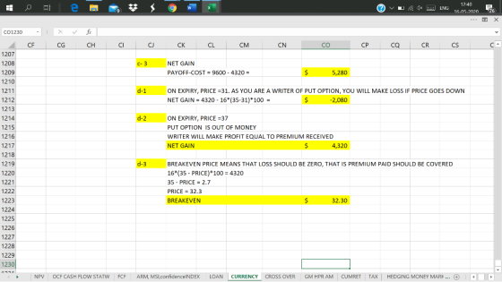 w ENG 12:40 16-05-2020 B 26 х C01230 f CF CG CH CI CU CK CL CM CN CO CP CQ CR CS C-3 NET GAIN PAYOFF-COST = 9600 - 4320 = $ 5