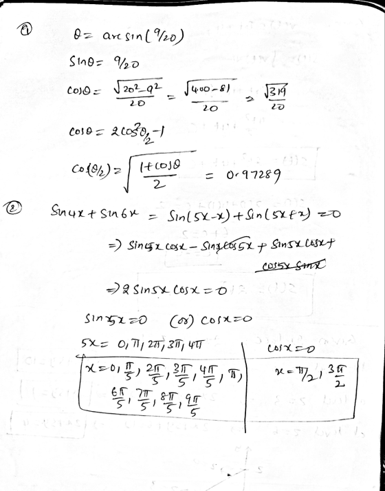 a Or are sin (20) Sino= 20 coso = √202_q2 400-8) 319 20 20 10 Coso = 20030,- Colom) 2 It cojo 0-97289 2 e Snuxt sinor - Sin(5