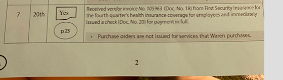 7 20th Yes Received vendor invoice No. 105963 (Doc. No. 18) from First Security Insurance for the fourth quarters health ins