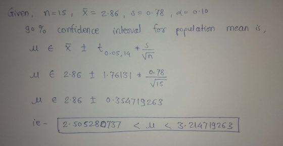 mean is, Given, n=15, X= 2.86, 5= 0.78 ,a=0.10. go% confidence interval for populcation ME x I toos, 14 * u u E 286 I 1.76151