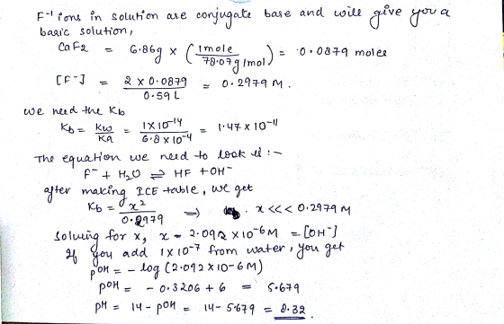 Ftions in solution are conjugate base and will give you a baric solution, Cafe = 6.869 x romole la 0:0879 molee Oo [F = 2 x 0