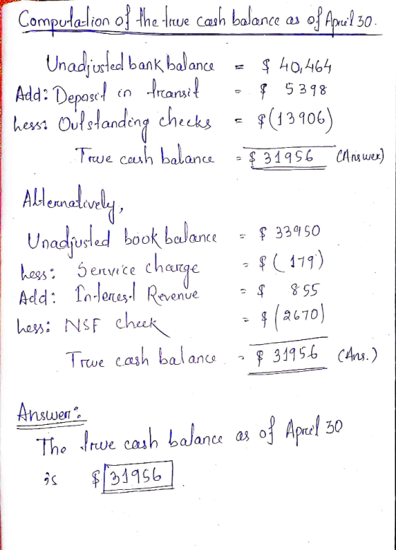 sula True can be Computacion of the true cash balance as of April 30. Unadjusted bank balance = $ 40,464 Add: Deposit in fran