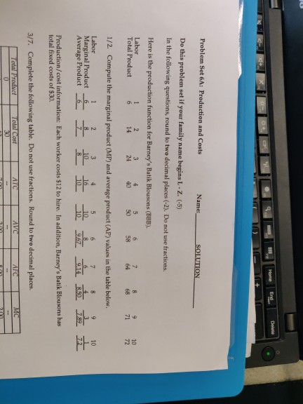 Home Ene Delen Problem Set 6A: Production and Costs Names SOLUTION Do this problem set if your family name begins L.Z. (-5) I