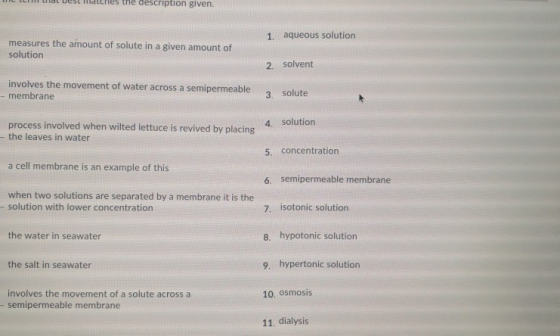 the description given. aqueous solution 1. measures the amount of solute in a given amount of solution 2. solvent involves th