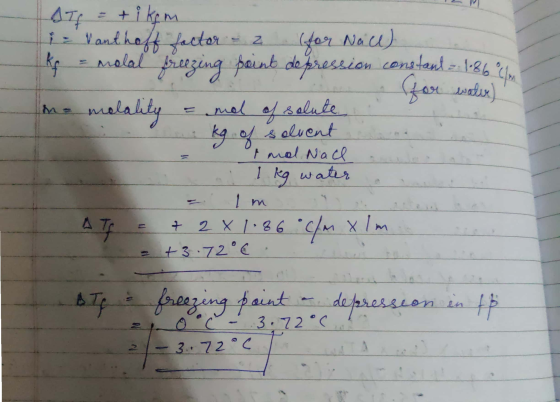 STf = tikom i Vanthoff factor - 2 (for Nace ks = melal breezing point de pression constant =:1-86cm - for watex) ma molality