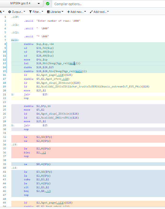MIPS 64 goc 5.4 Compiler options... A Filter.. Libraries + Add new_ Add tool... - Output... .LCO: ascii Enter number of rows