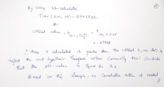 By Usha the calculator TINU (0.ol, 14)=-2976842 Critical value t - tis-1,000! 14, 0.005 -2.9768 reject o Here t calculated ů
