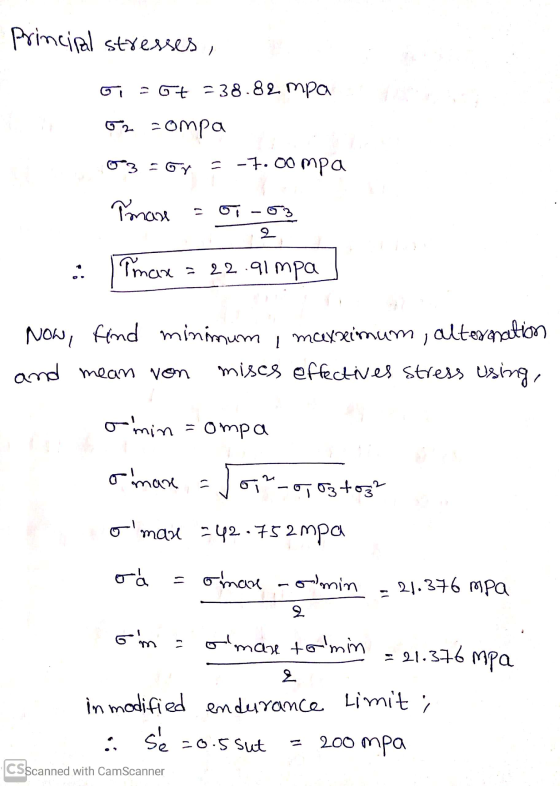 Principal stresses OT238.82 mpa 52 zompa 03-07 = -7.00 mpa Tomase = 01-03 Tmax = 22.91mpa Now, find minimum , maxximum, alter