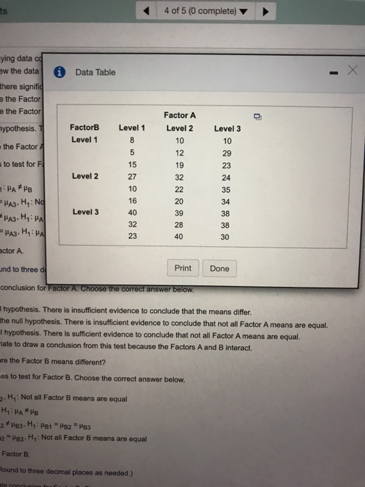 ts 4 of 5 (0 complete) ying data co i ew the data Data Table there signific e the Factor e the Factor Factor A ypothes is.T F