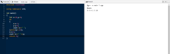 Execute!! > Share main.cpp STDIN Lli Result #include <iostream» 3 using namespace std; 5 int main() 8++ -o main .cpp Smain 8