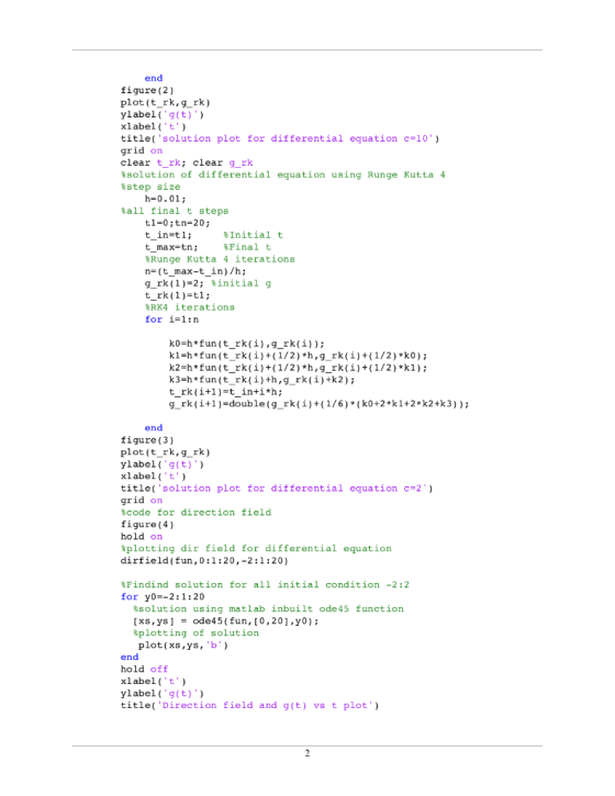 end figure (2) plot(t_rk,g rk) ylabel g(t) ) xlabel ( , t ) title( solution plot for differential equation c-10) grid on