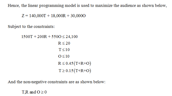 Hence, the linear programming model is used to maximize the audience as shown below, Z- 140,00T+18,000R+30,0000 Subject to th
