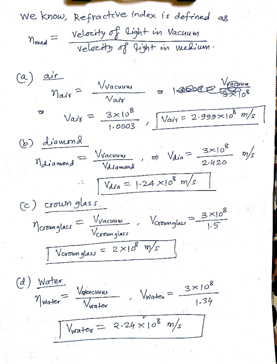 we know, Refractcve index is defrned as Velocity oight in Vacuum Velozity sh nwelium med ) air Vvacuuns чw 1 08 air Vair 3xl