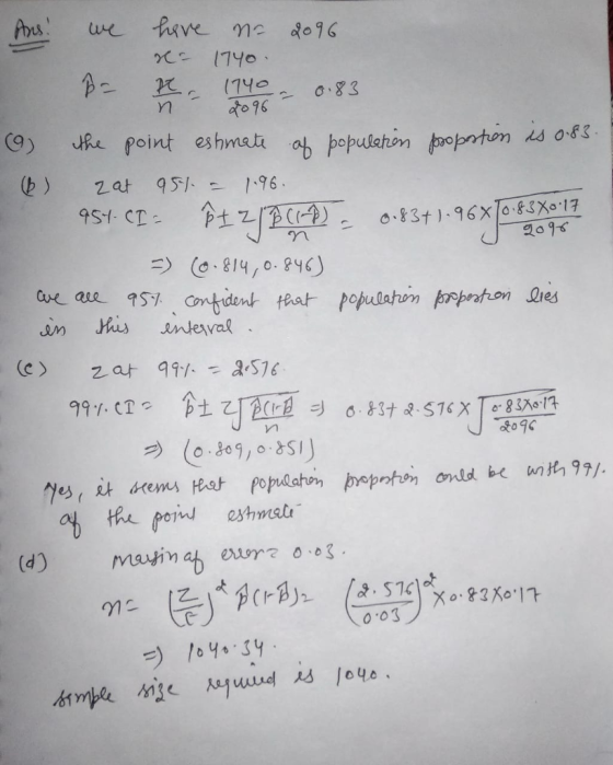 Ans. we have no 2016 1740 B= 1740, 0.83 n 2096 the point estimate of population propostion is 083. zat 954 = 196. 954-CI= PIZ