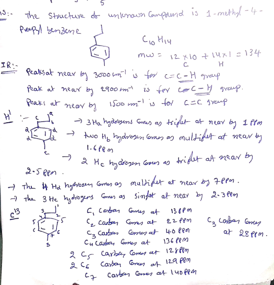 IR. ns. The structure of unknown compound is 1-methyl-4- - Preapyl benzene , 1 Co Hiu mw= 12x10714x12134 CH 2. Peaks at near