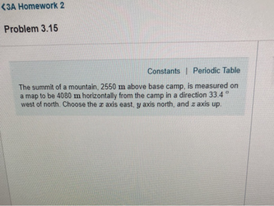 3A Homework 2 Problem 3.15 Constants | Periodic Table The summit of a mountain, 2550 m above base camp, is measured on a map to be 4080 m horizontally from the camp in a direction 33.4 west of north. Choose the z axis east, y axis north, and z axis up.