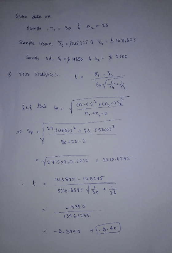Giiven dato ave Somple n30 26 Х, :)hus,3254 s iu s.cas e mean, a) test Stahstic t x,-52 sn국生 = 2. Sp us5o2.5 (5600) 30+26 2 Y27150972 .2222 52 10,6595 52106595324 35 0 139 6 13s