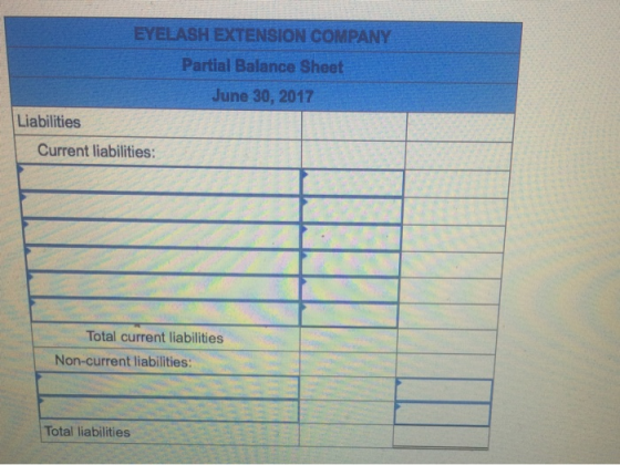 EYELASH EXTENSION COMPANY Partial Balance Sheet June 30, 2017 Liabilities Current liabilities: Total current liabilities Non-current liabilities: Total liabilities